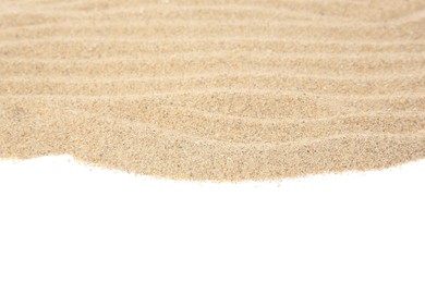 Photo of Beautiful dry beach sand isolated on white