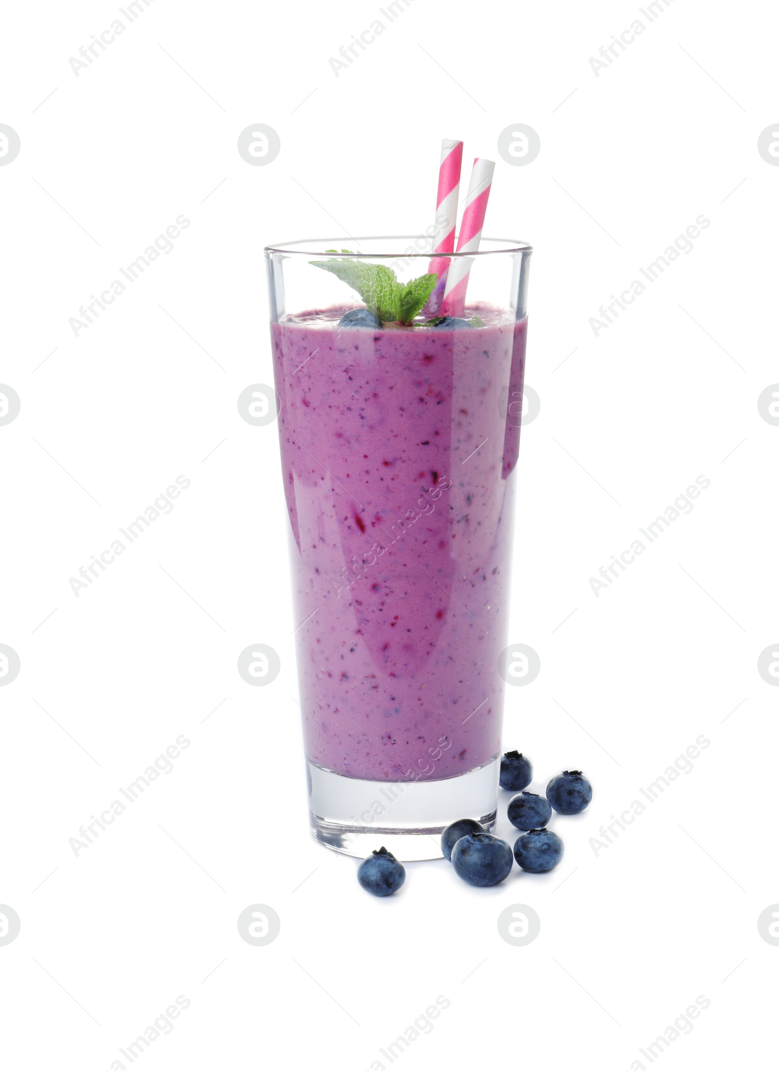 Photo of Glass of delicious blueberry smoothie with mint and straw on white background