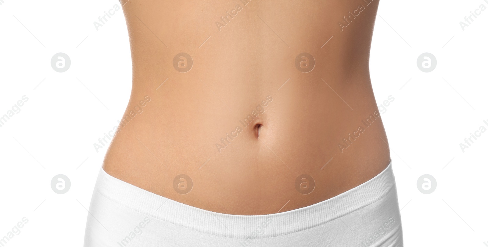 Image of Beautiful young woman with perfect body on white background, closeup