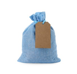 Photo of Light blue burlap bag with tag isolated on white