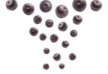 Image of Fresh acai berries falling on white background