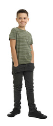 Photo of Full length portrait of preteen boy on white background