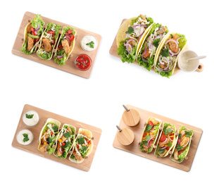 Image of Set of delicious fresh fish tacos on white background, top view