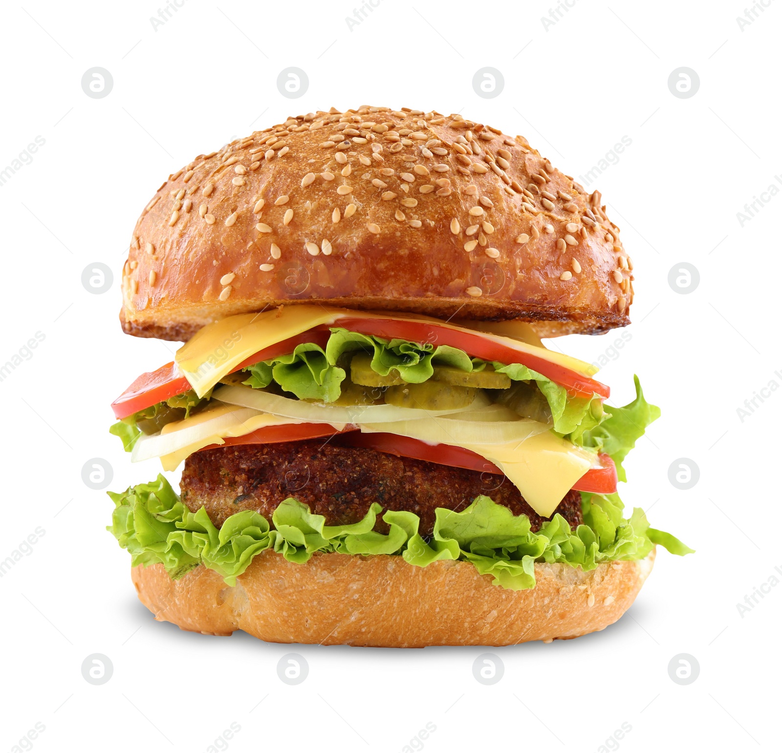 Photo of Vegetarian burger with delicious patty isolated on white