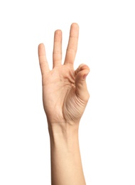 Photo of Woman showing number nine on white background, closeup. Sign language