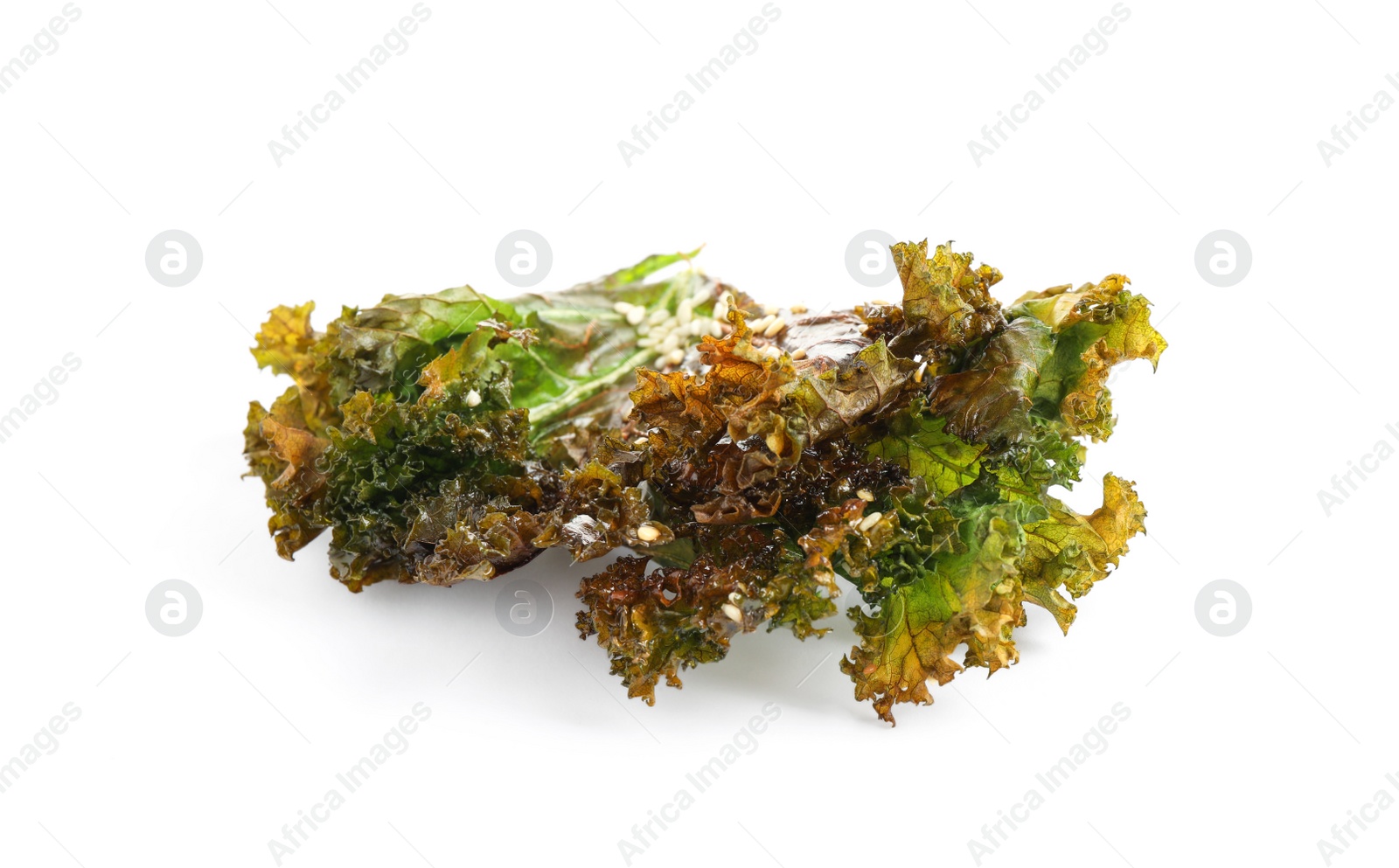 Photo of Tasty baked kale chips isolated on white