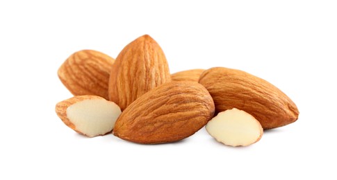 Organic almond nuts on white background, closeup. Healthy snack