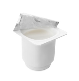 Photo of Plastic cup with yummy yogurt on white background