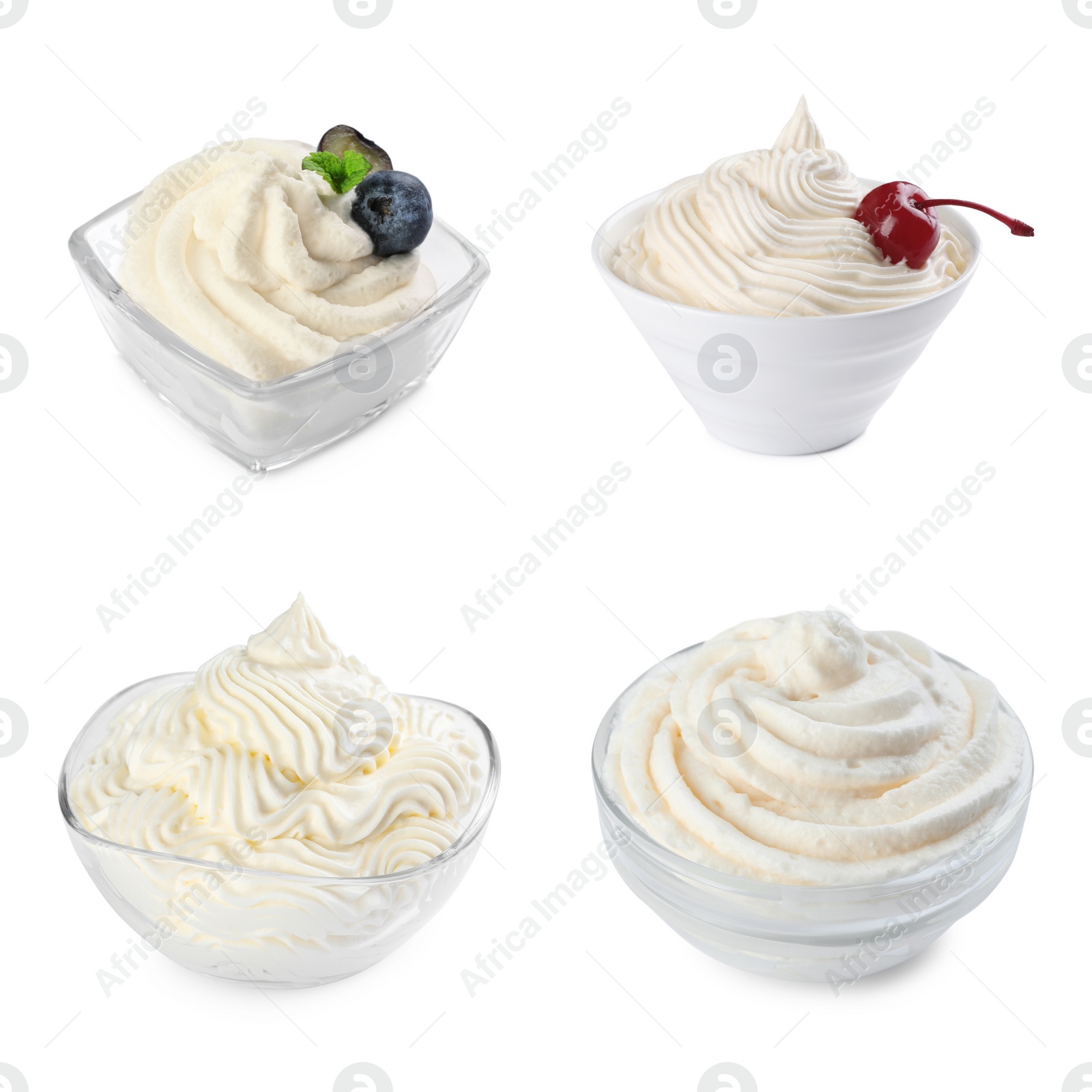 Image of Set with delicious fresh whipped cream on white background