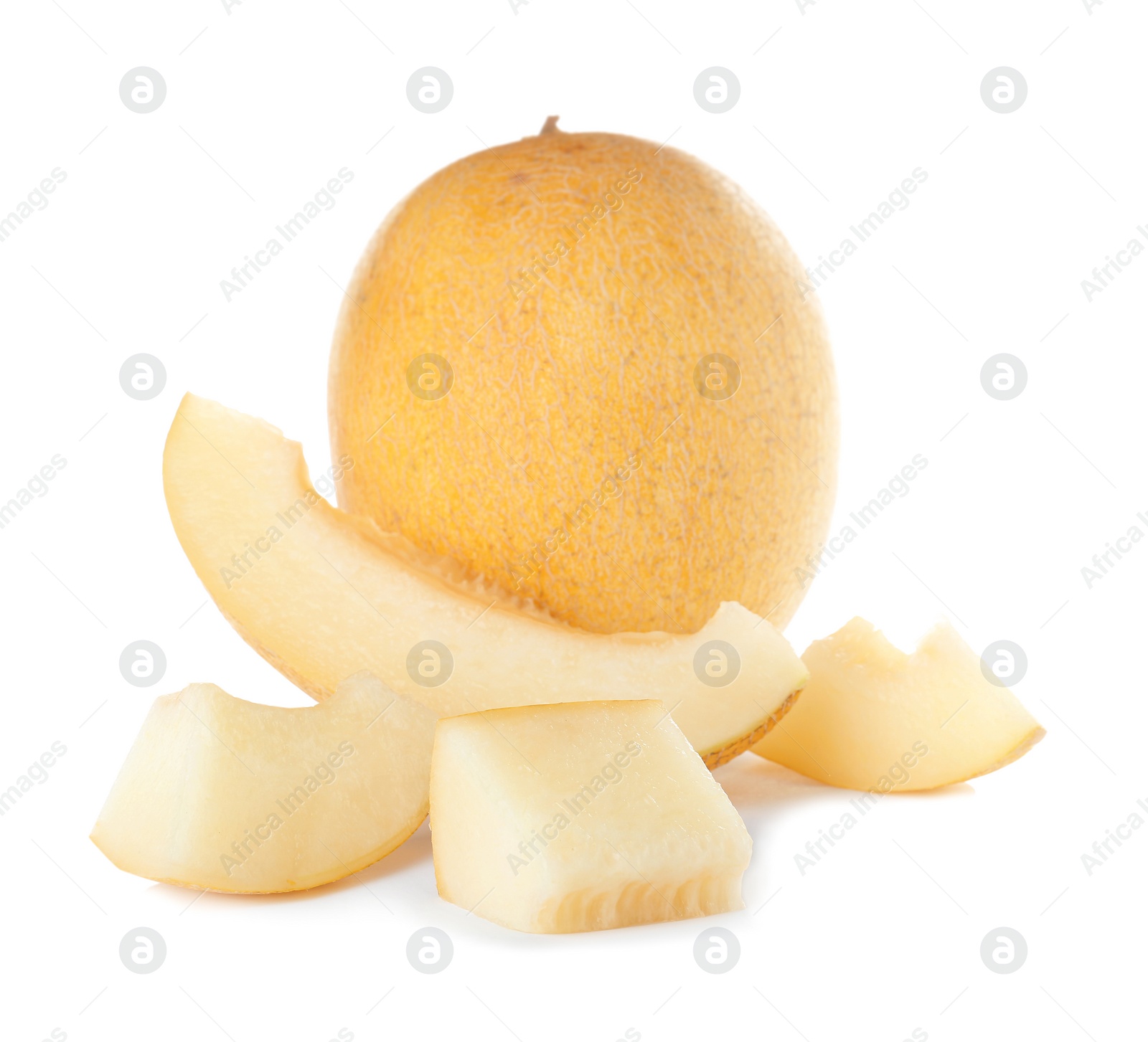 Photo of Whole and sliced tasty ripe melons on white background