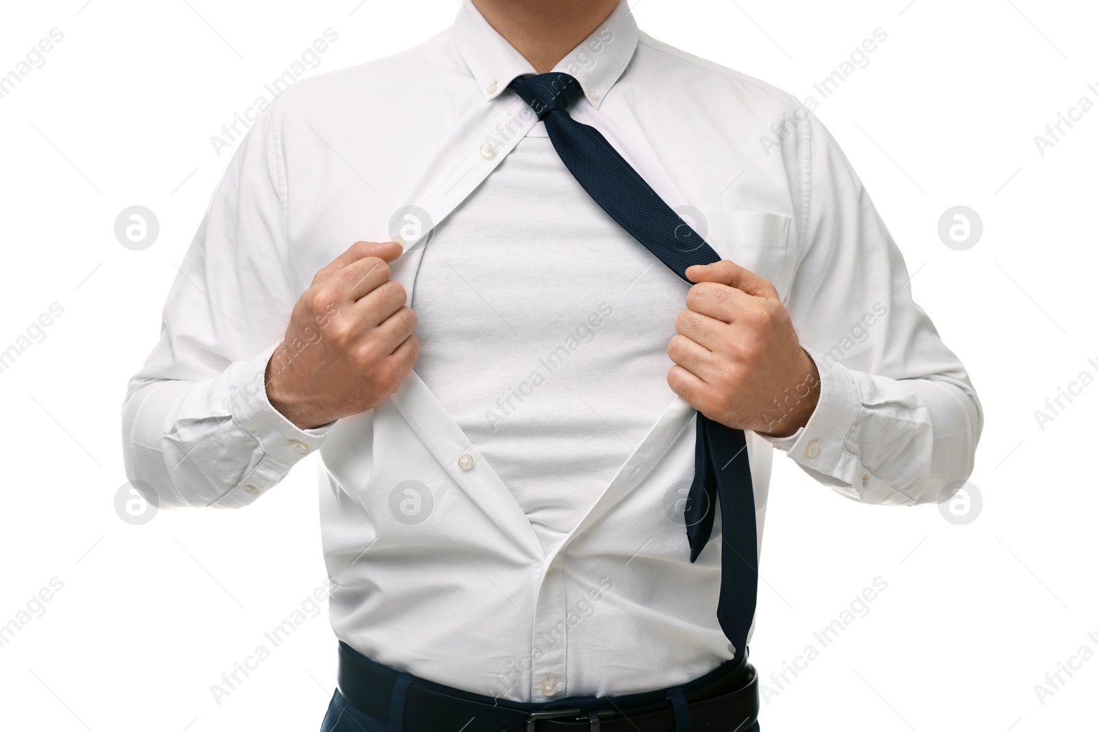 Photo of Businessman wearing superhero costume under suit on white background, closeup