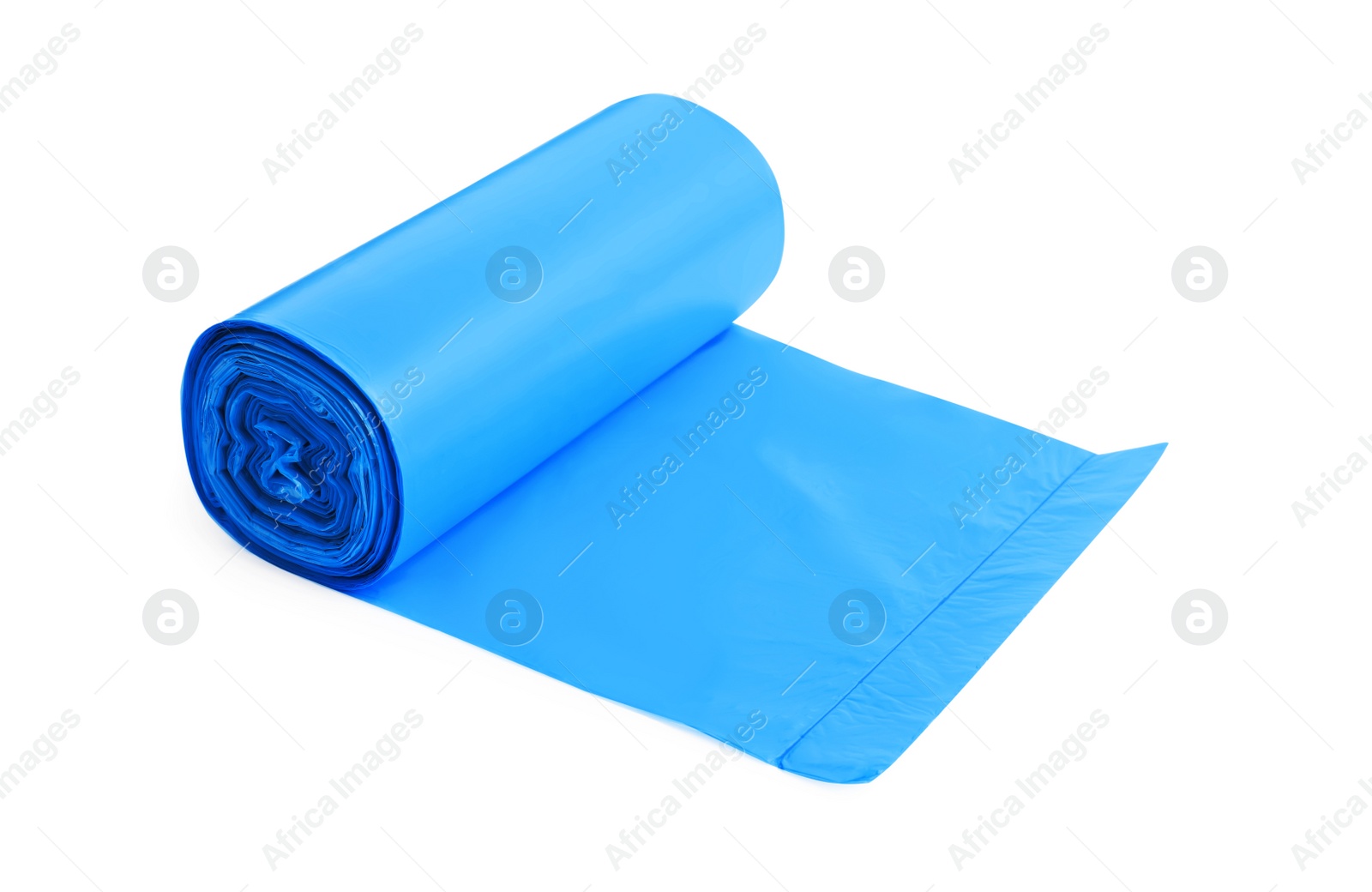 Photo of Roll of turquoise garbage bags on white background. Cleaning supplies