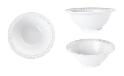 Image of Set with empty ceramic bowls on white background 