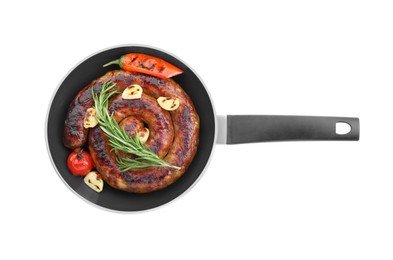 Photo of Pan with delicious homemade sausage, garlic, tomato, rosemary and chili isolated on white, top view