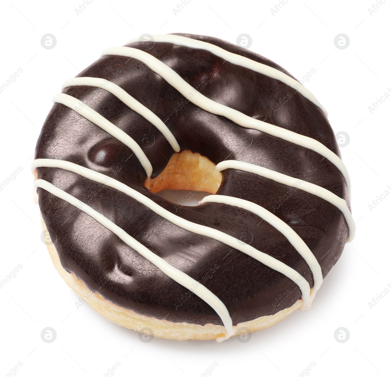 Photo of Sweet delicious glazed donut on white background, above view