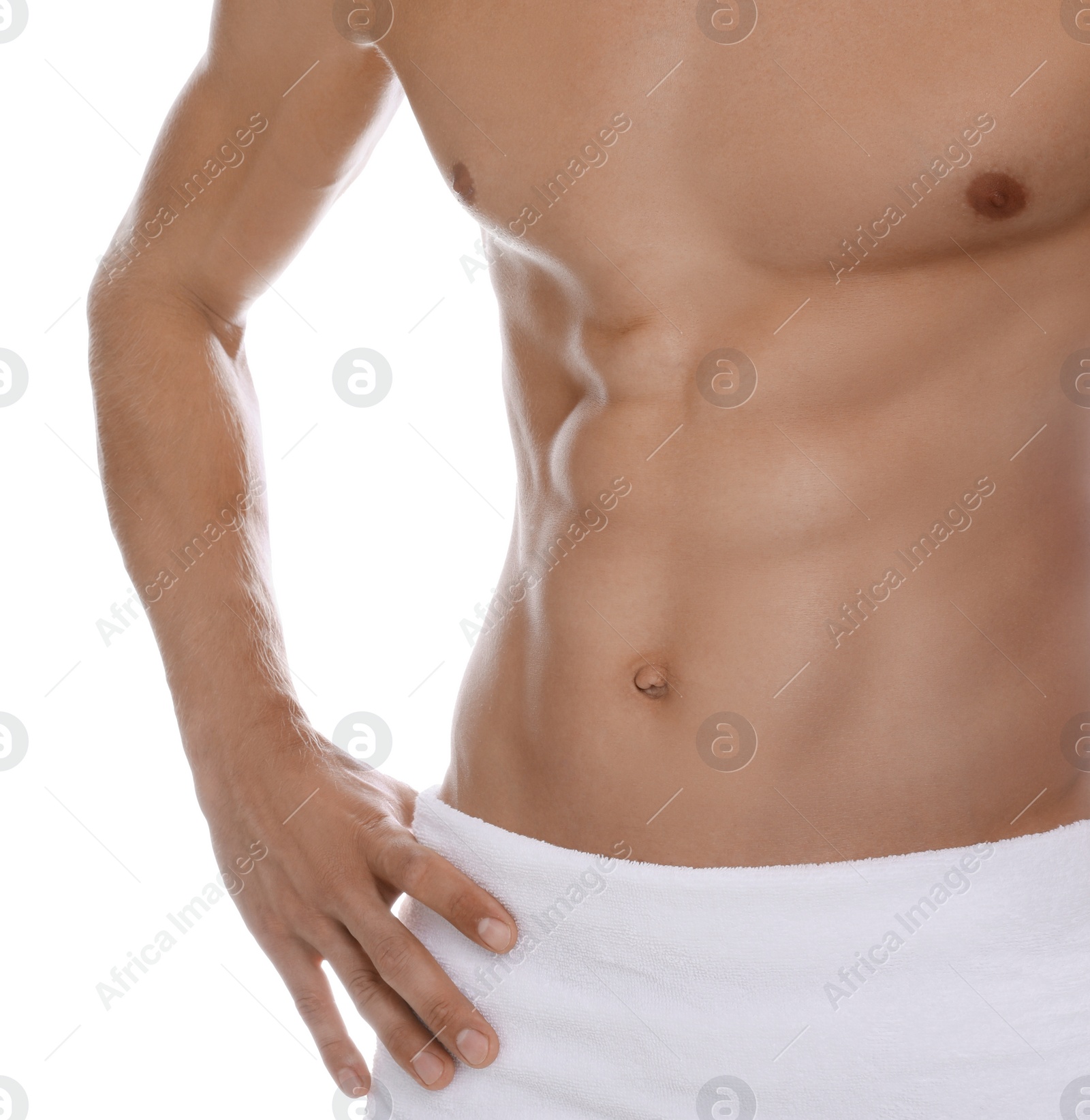 Photo of Shirtless man with slim body and towel wrapped around his hips isolated on white, closeup