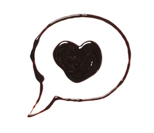 Heart in speech bubble drawn with dark chocolate on white background, top view