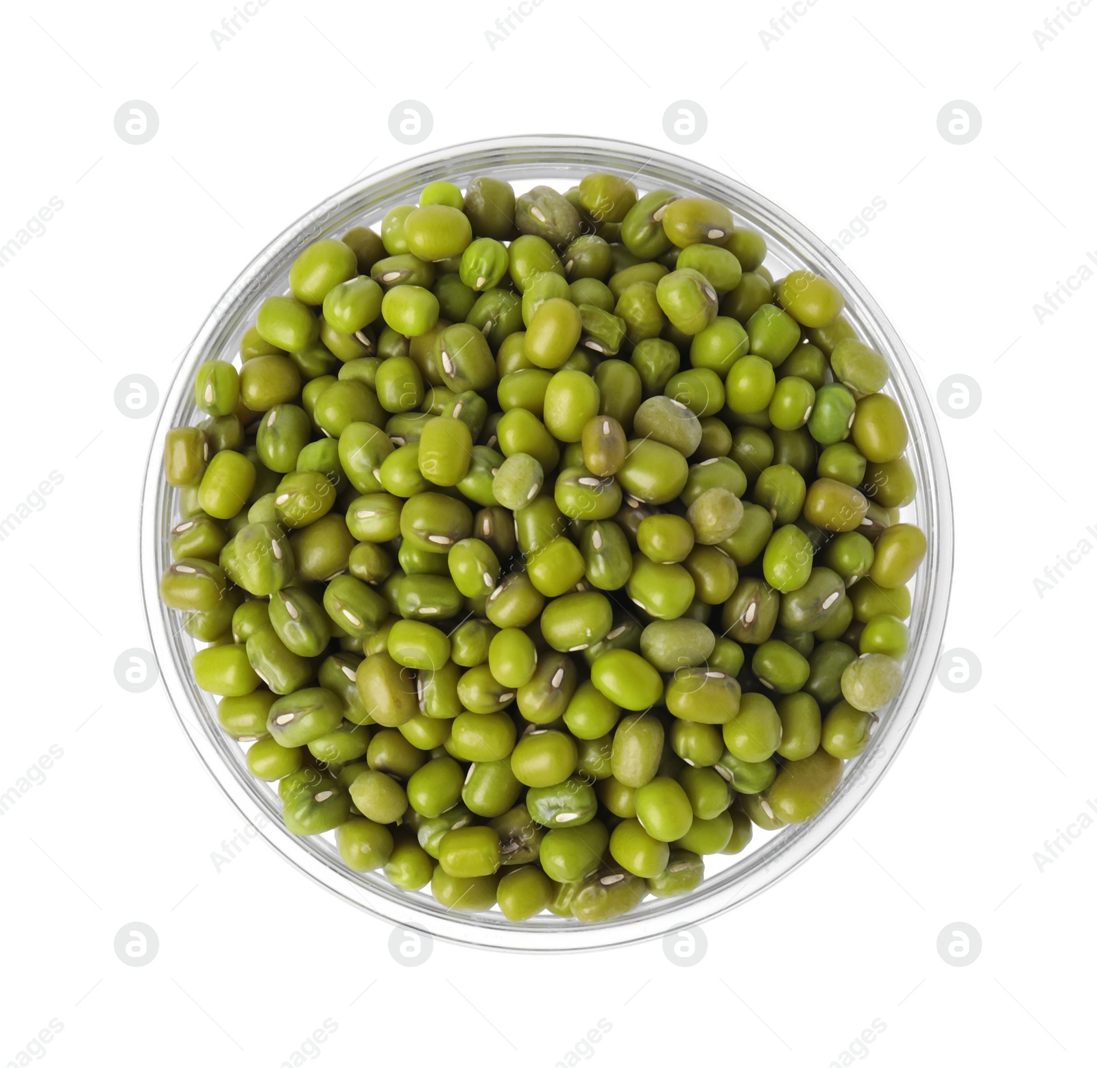 Photo of Glass bowl with green mung beans isolated on white, top view. Organic grains