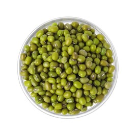 Glass bowl with green mung beans isolated on white, top view. Organic grains