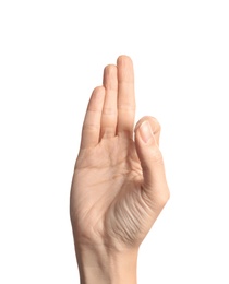 Woman showing F letter on white background, closeup. Sign language