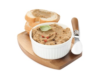 Delicious meat pate with spices, fresh bread and knife on white background