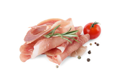 Delicious prosciutto with rosemary and tomato on white background