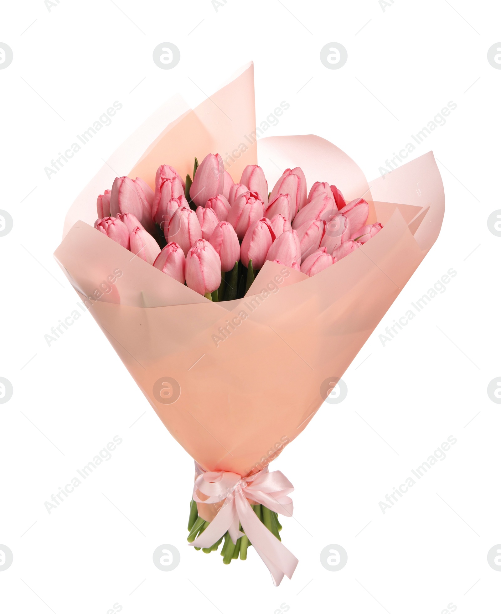 Photo of Bouquet of beautiful pink tulips on white background
