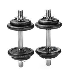 Metal dumbbells isolated on white. Sports equipment