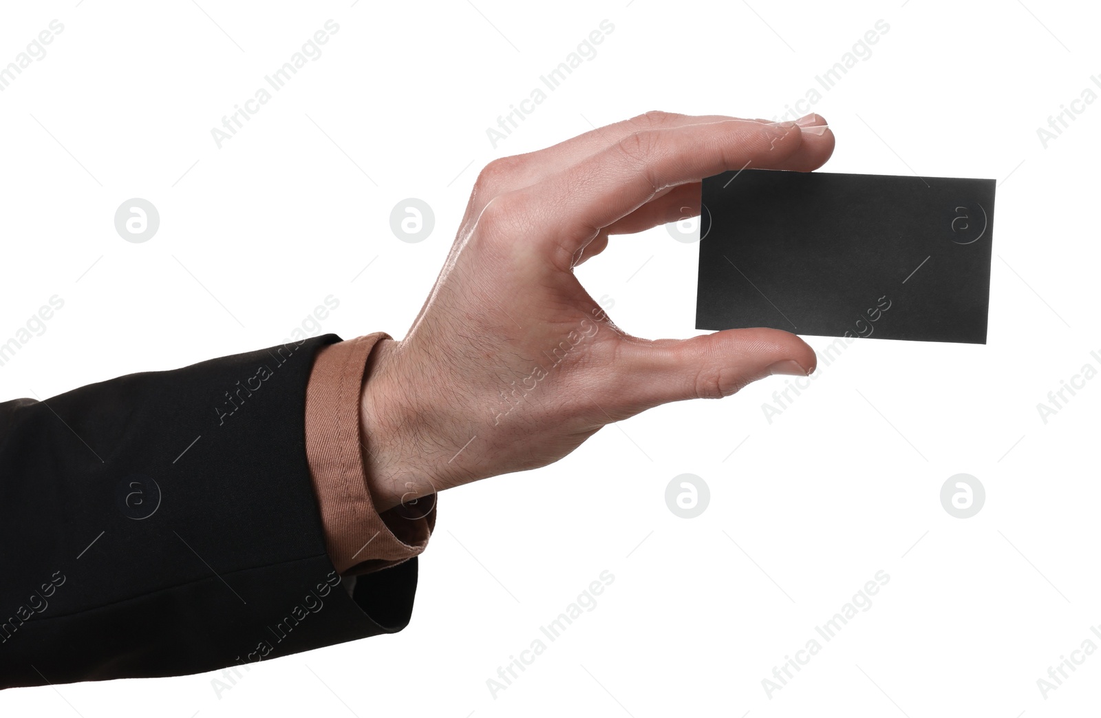 Photo of Man holding blank business card on white background, closeup