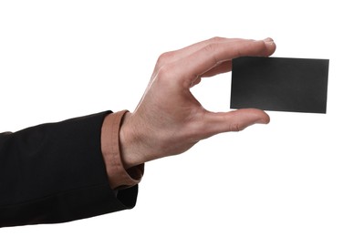 Man holding blank business card on white background, closeup