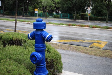 Blue metal fire hydrant on city street