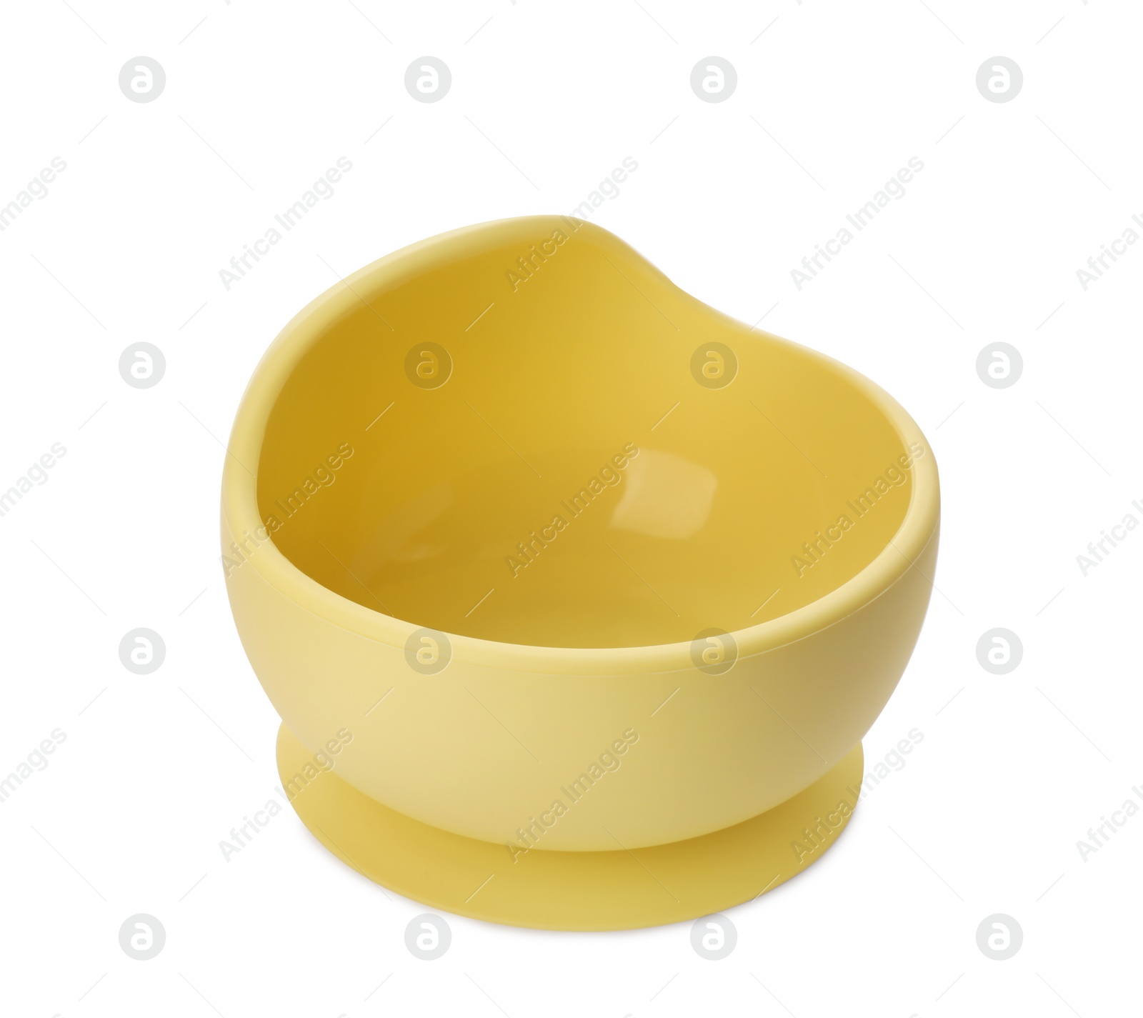 Photo of Plastic bowl on white background. Serving baby food