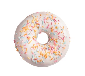 Photo of Delicious glazed doughnut with sprinkles on white background