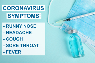 Image of Flat lay composition with medical mask and list of coronavirus symptoms on light blue background
