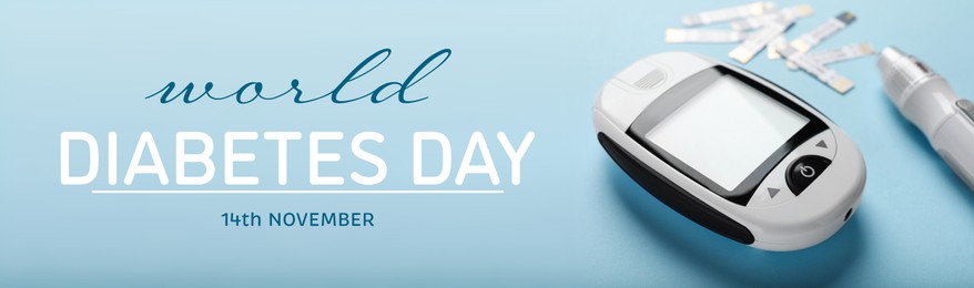 World Diabetes Day. Digital glucometer, lancet pen and test strips on light blue background, banner design