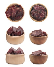 Image of Set with delicious beef jerky in wooden bowls on white background
