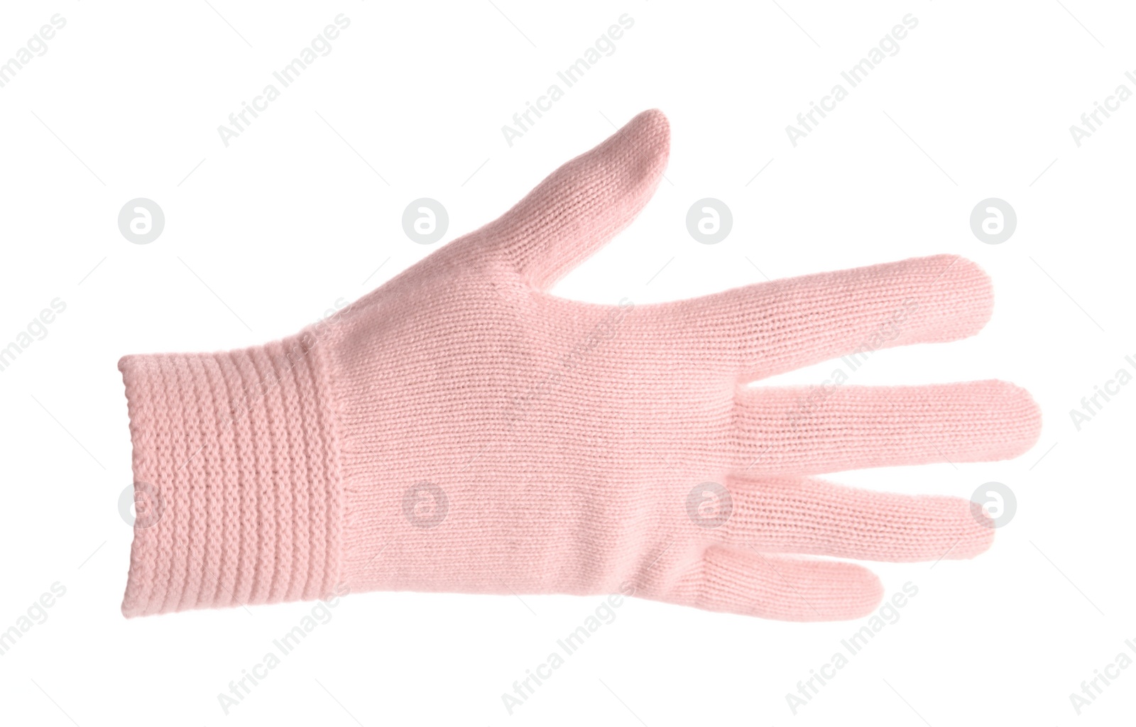 Photo of Woman wearing pink glove on white background, closeup. Autumn clothes