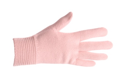 Photo of Woman wearing pink glove on white background, closeup. Autumn clothes