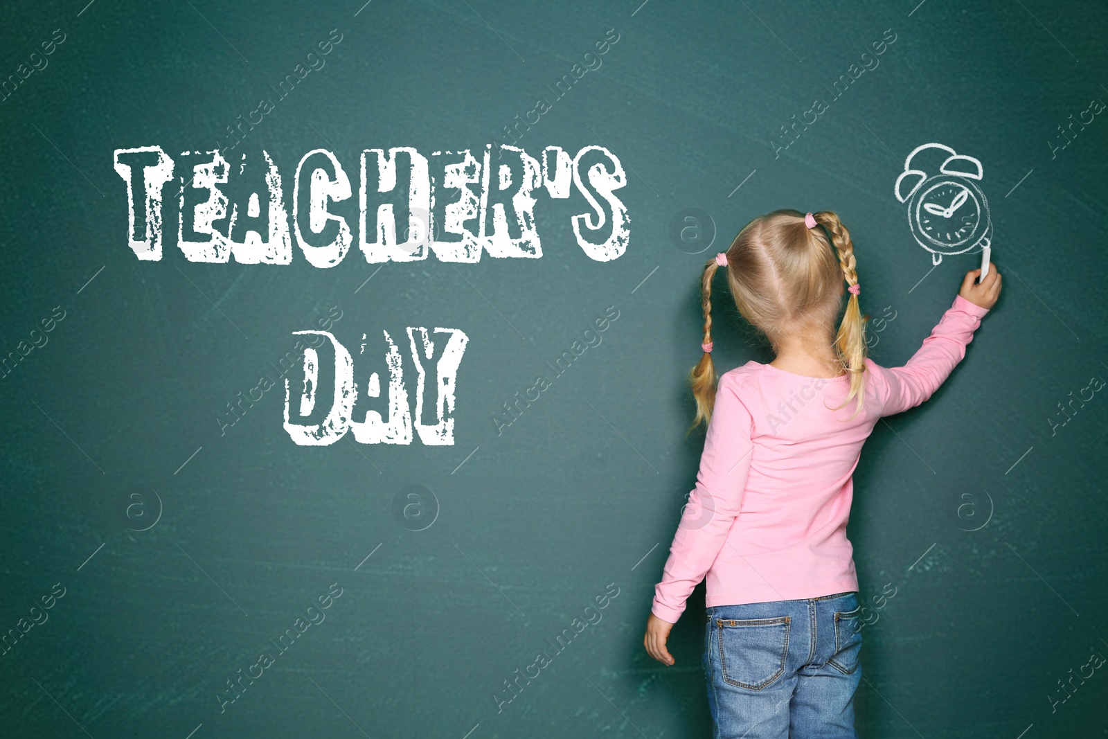 Image of Cute little girl drawing alarm clock near phrase Teacher's Day on chalkboard