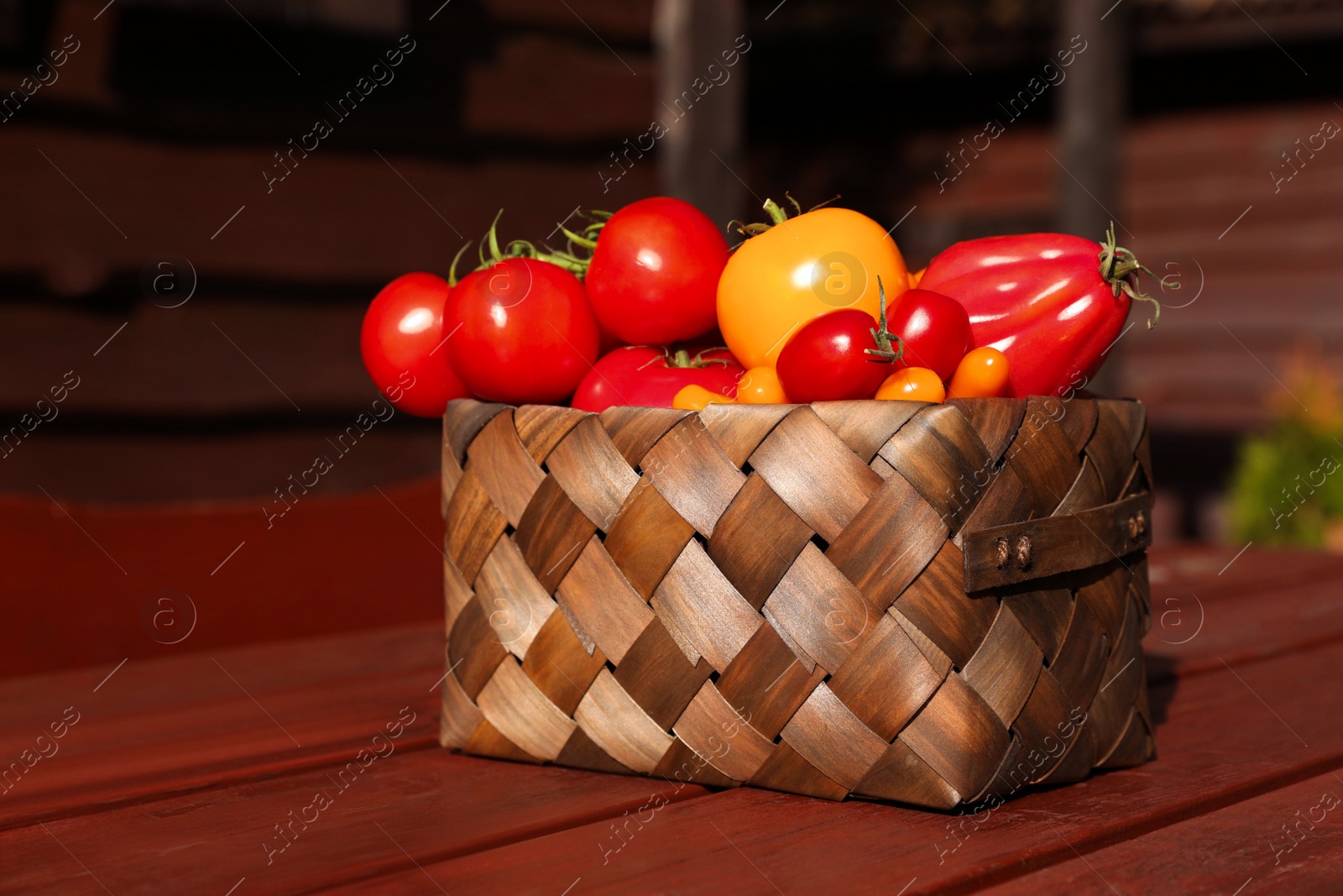 Photo of Basket with fresh tomatoes on wooden table outdoors