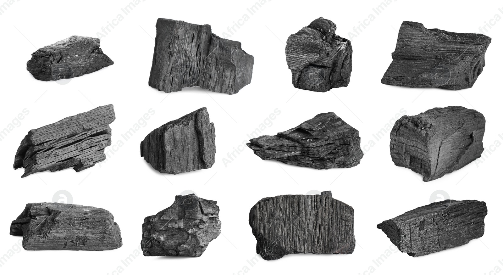 Image of Collage with different pieces of charcoal on white background