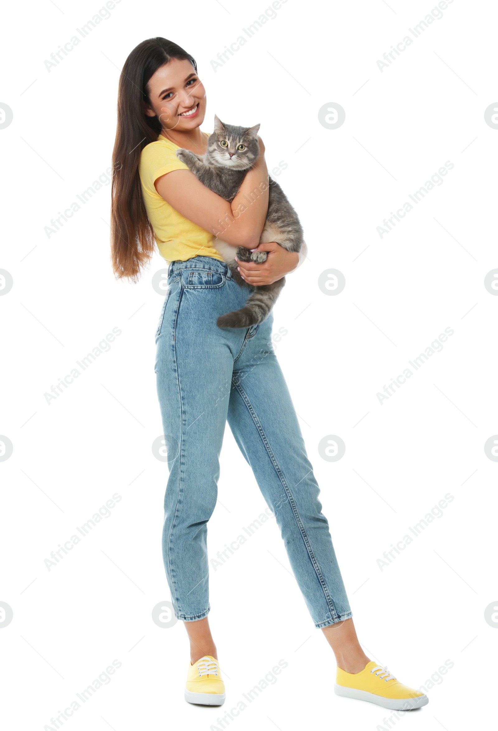 Photo of Young woman with cute cat on white background. Pet and owner