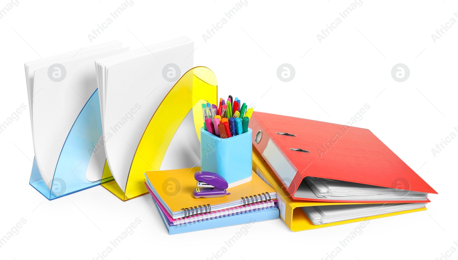 Photo of Bright office folders and different stationery isolated on white