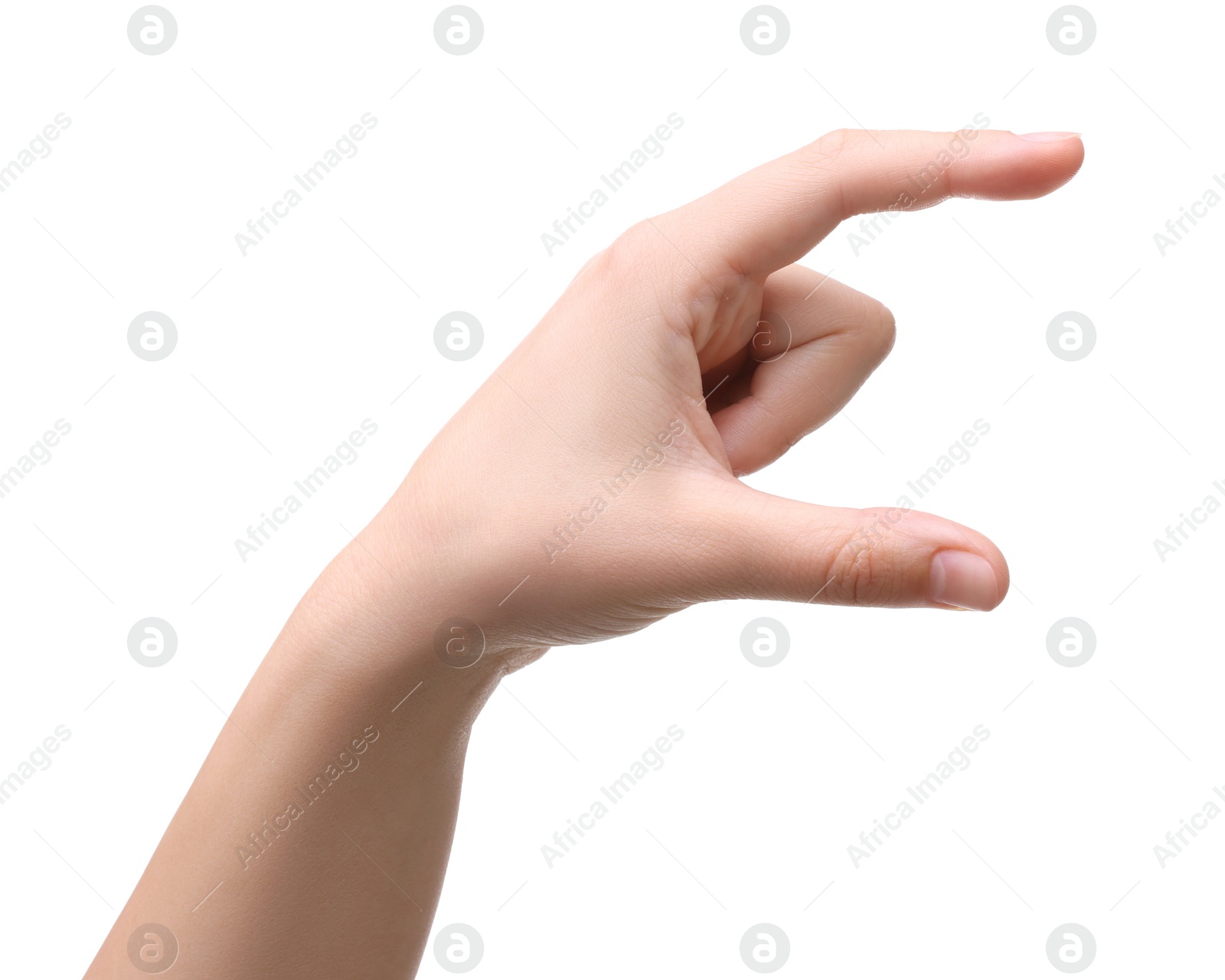 Photo of Woman holding something in hand on white background, closeup