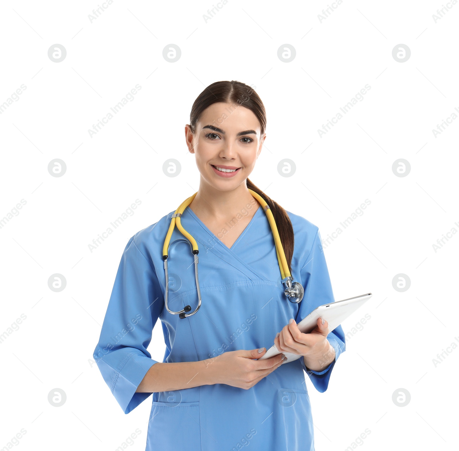 Photo of Portrait of medical assistant with stethoscope and tablet on white background