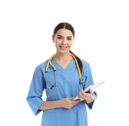 Photo of Portrait of medical assistant with stethoscope and tablet on white background