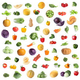 Image of Set of fresh ripe vegetables on white background