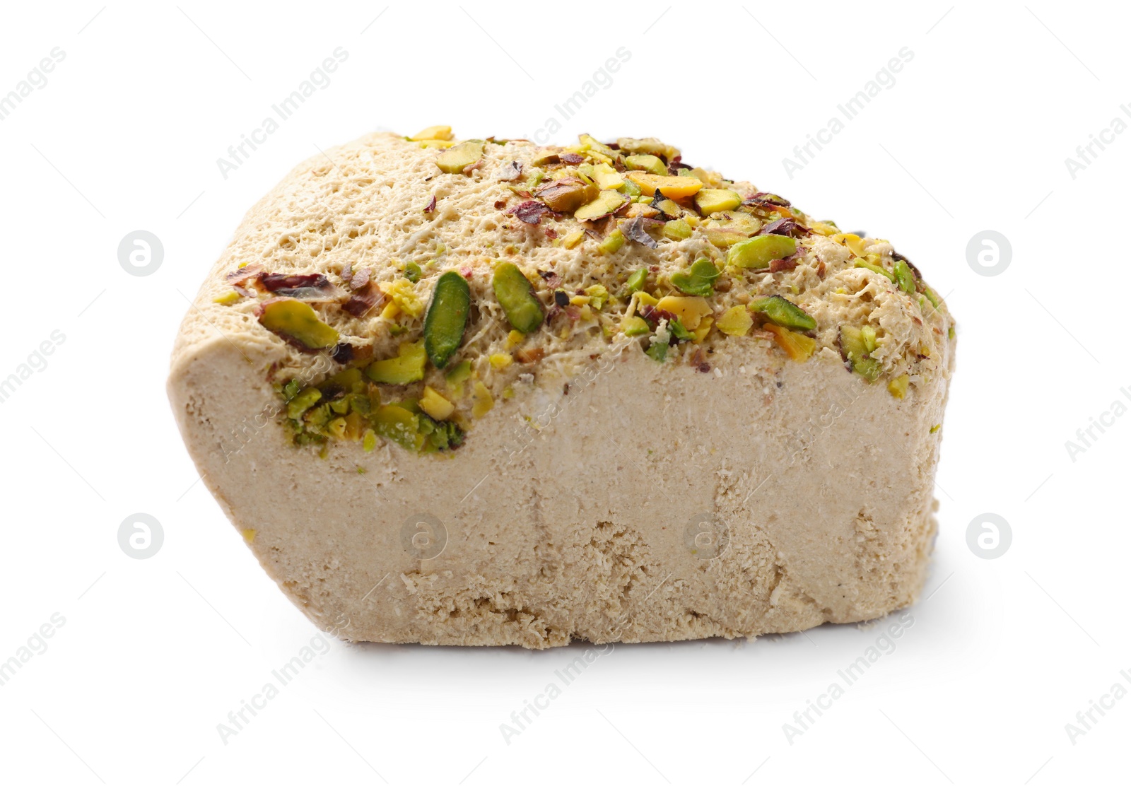 Photo of Piece of tasty halva with pistachios isolated on white