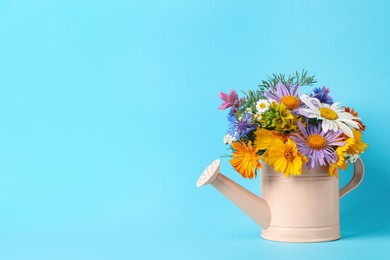 Pink watering can with beautiful flowers on light blue background, space for text