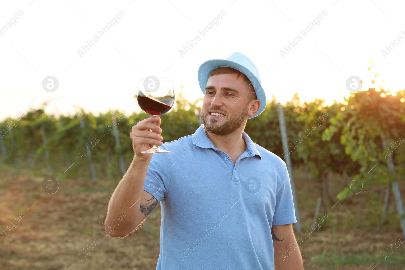 Photo of Young handsome man enjoying wine at vineyard on sunny day